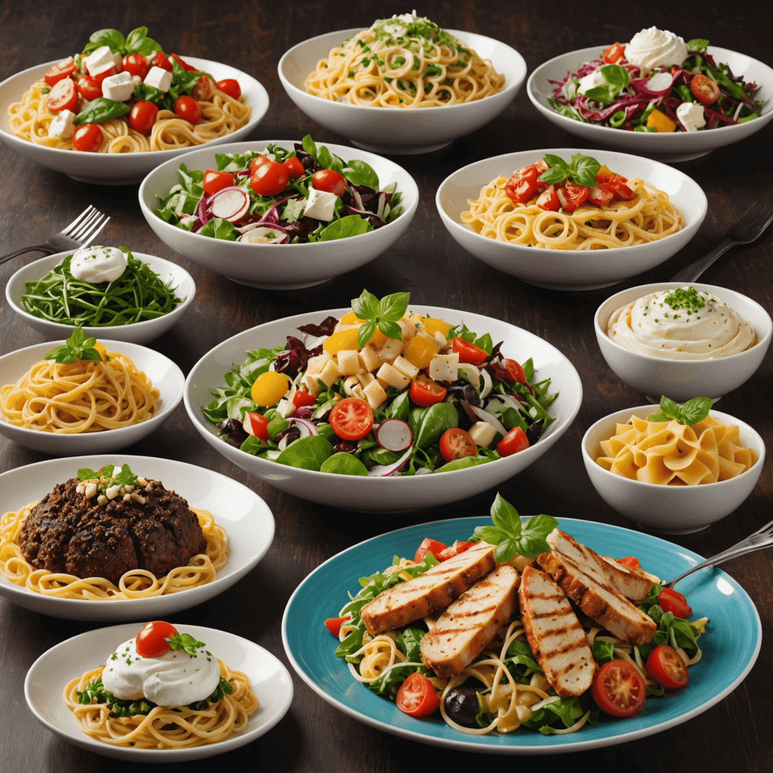 A collage of colorful and appetizing new dishes, including a vibrant salad, a steaming pasta dish, and a decadent dessert, showcasing the variety and appeal of our new menu items