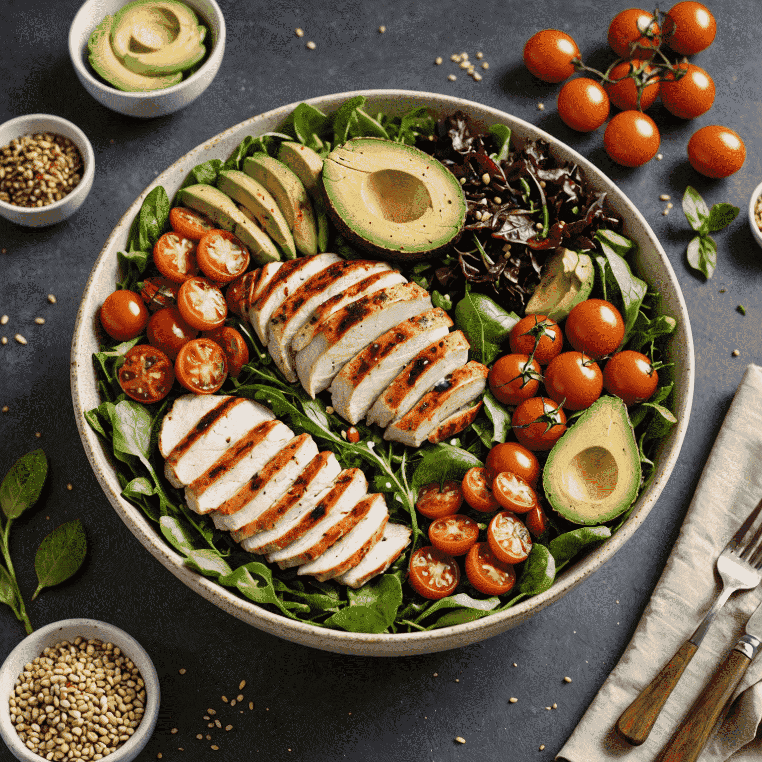 A colorful salad bowl with mixed greens, grilled chicken, avocado, cherry tomatoes, and a sprinkle of seeds