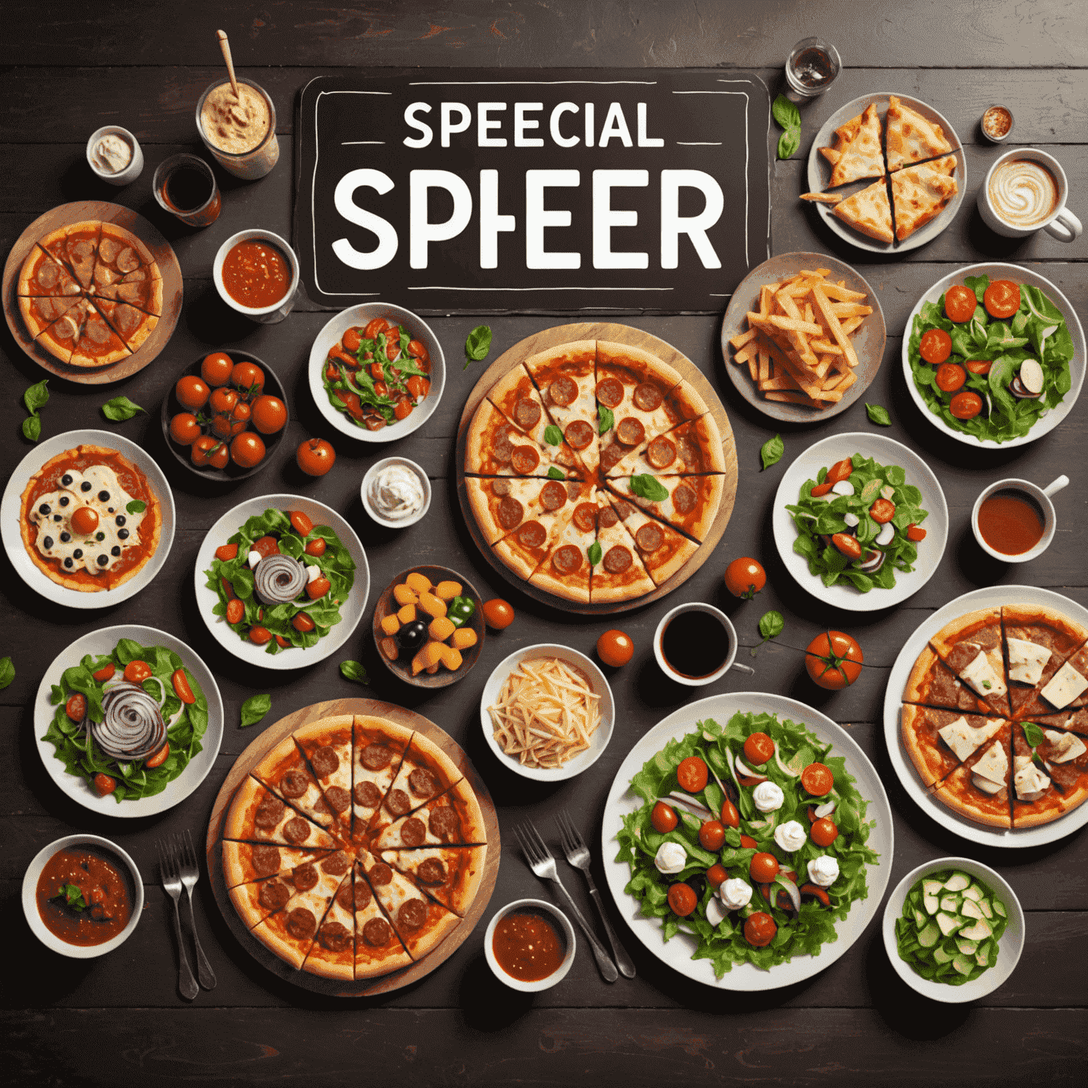 A delicious spread of various food items including pizza, burgers, salads, and desserts, arranged beautifully on a table with a 'Special Offer' banner