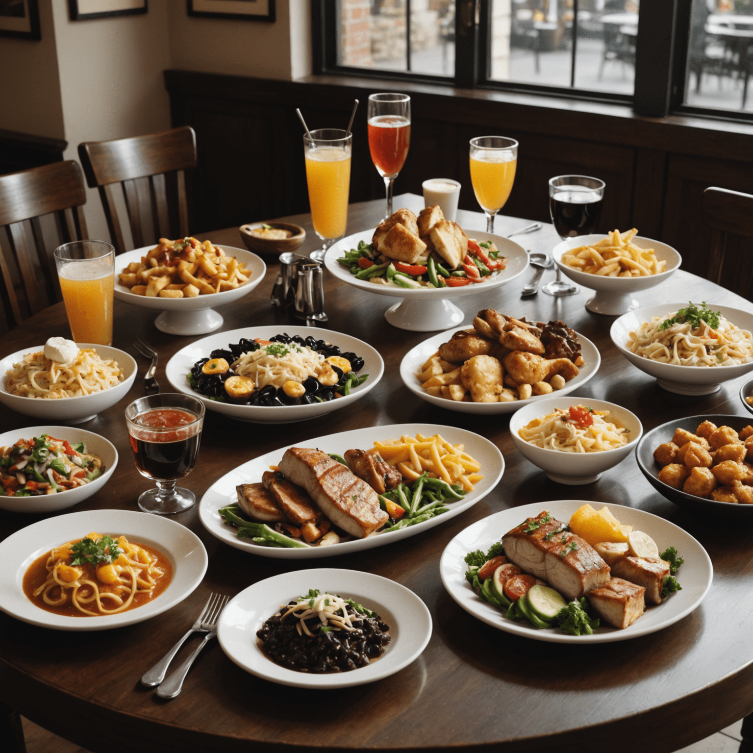 Various dishes and beverages displayed on a table, showcasing the variety of menu items available for order
