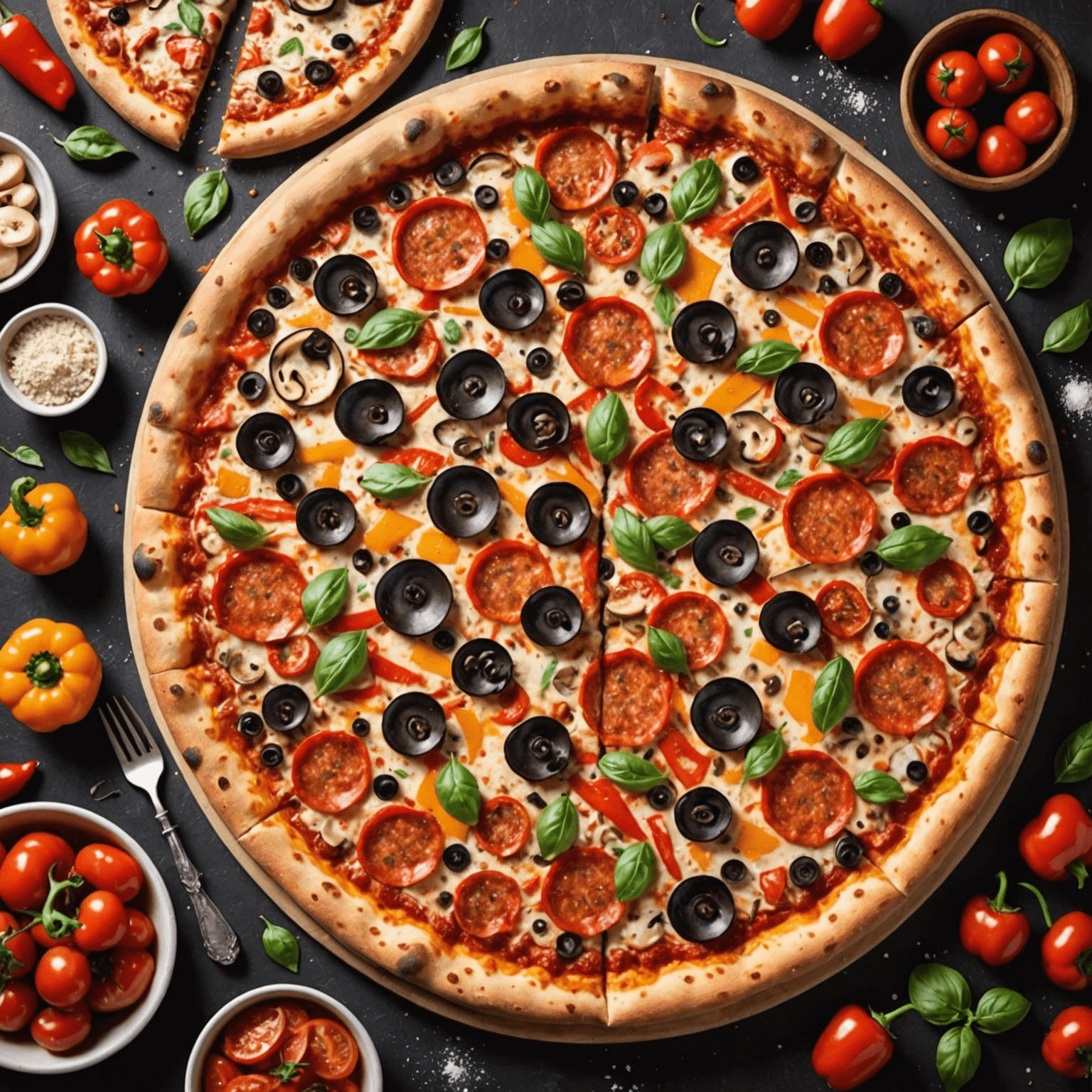 A mouthwatering pizza with various toppings including pepperoni, mushrooms, and bell peppers on a crispy crust