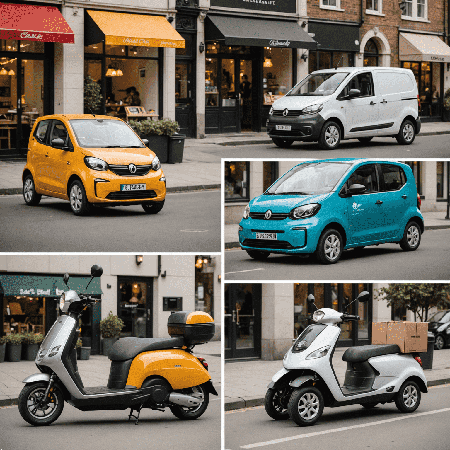 A collage showing various delivery vehicles: an electric scooter with a food box, a compact car with the restaurant logo, and a small van with insulated food containers.