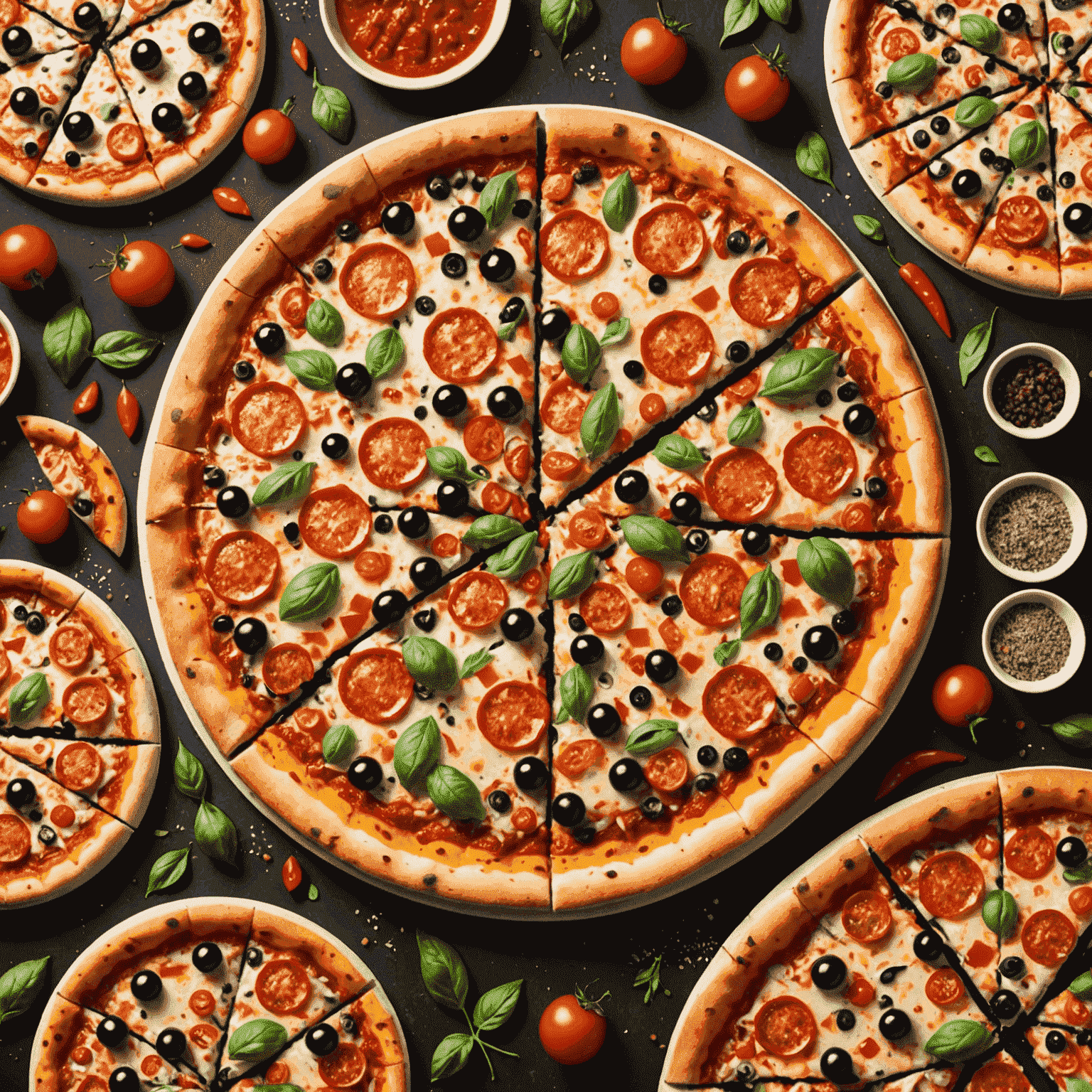 A mouthwatering pizza with various toppings, showcasing a special deal offering 50% off on large pizzas