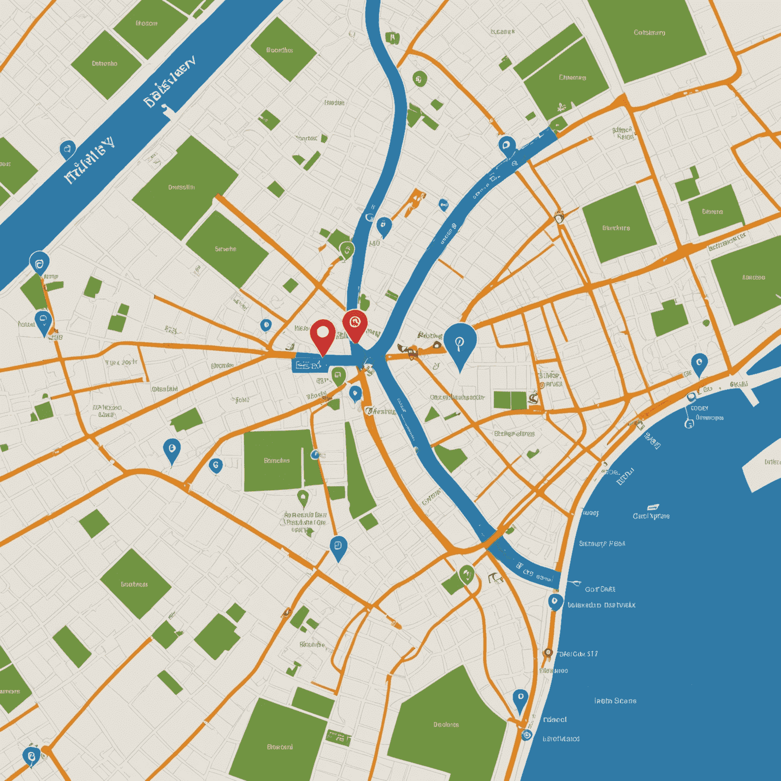 A map highlighting new delivery areas with pinpoints and routes, showing the expanded reach of our food delivery service across the city