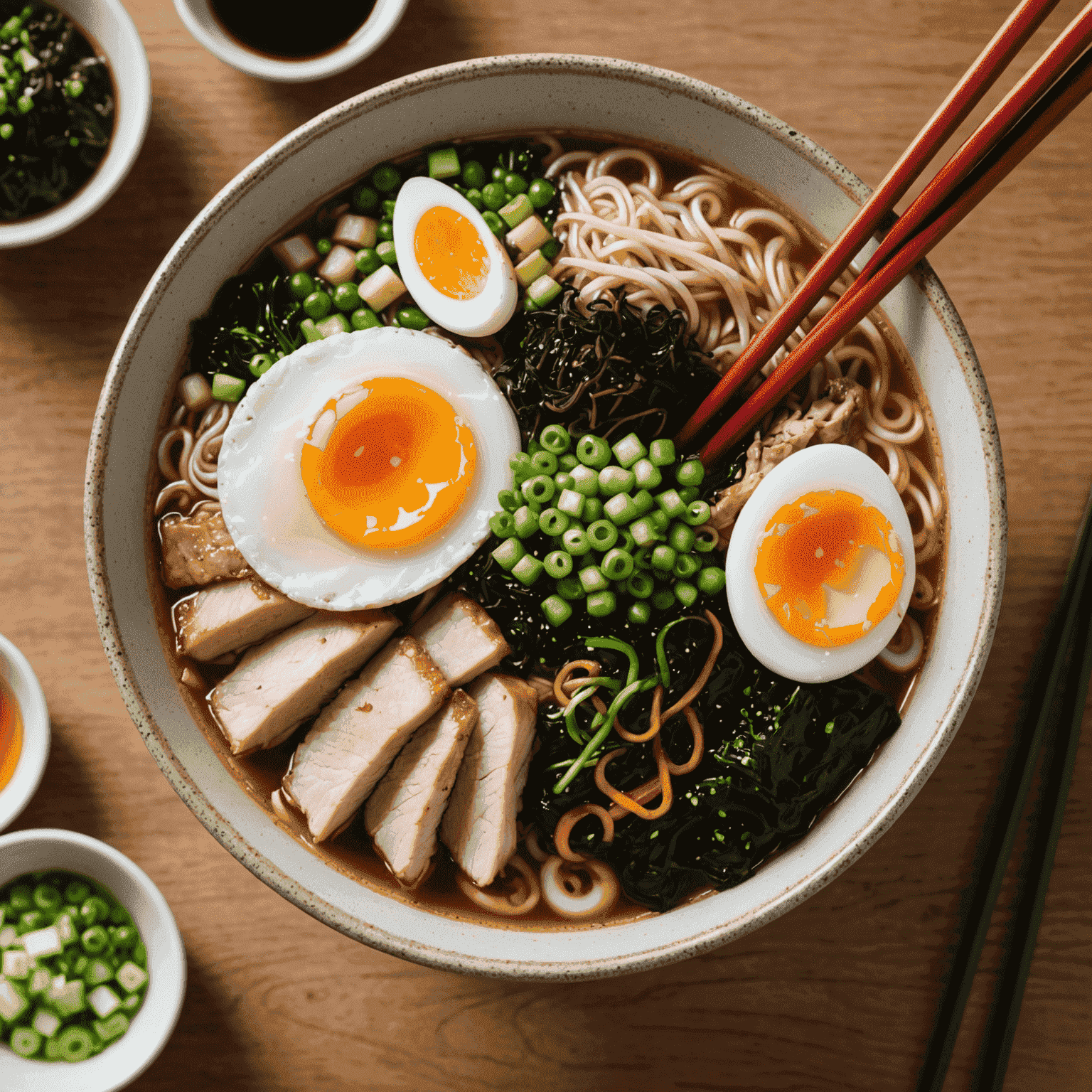 A steaming bowl of ramen with rich broth, sliced pork, soft-boiled egg, nori, and green onions