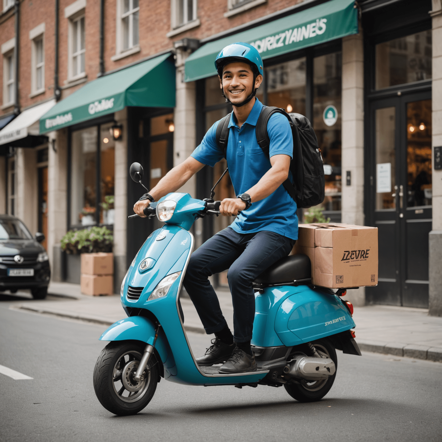 A delivery person on a scooter carrying food packages, representing the delivery service