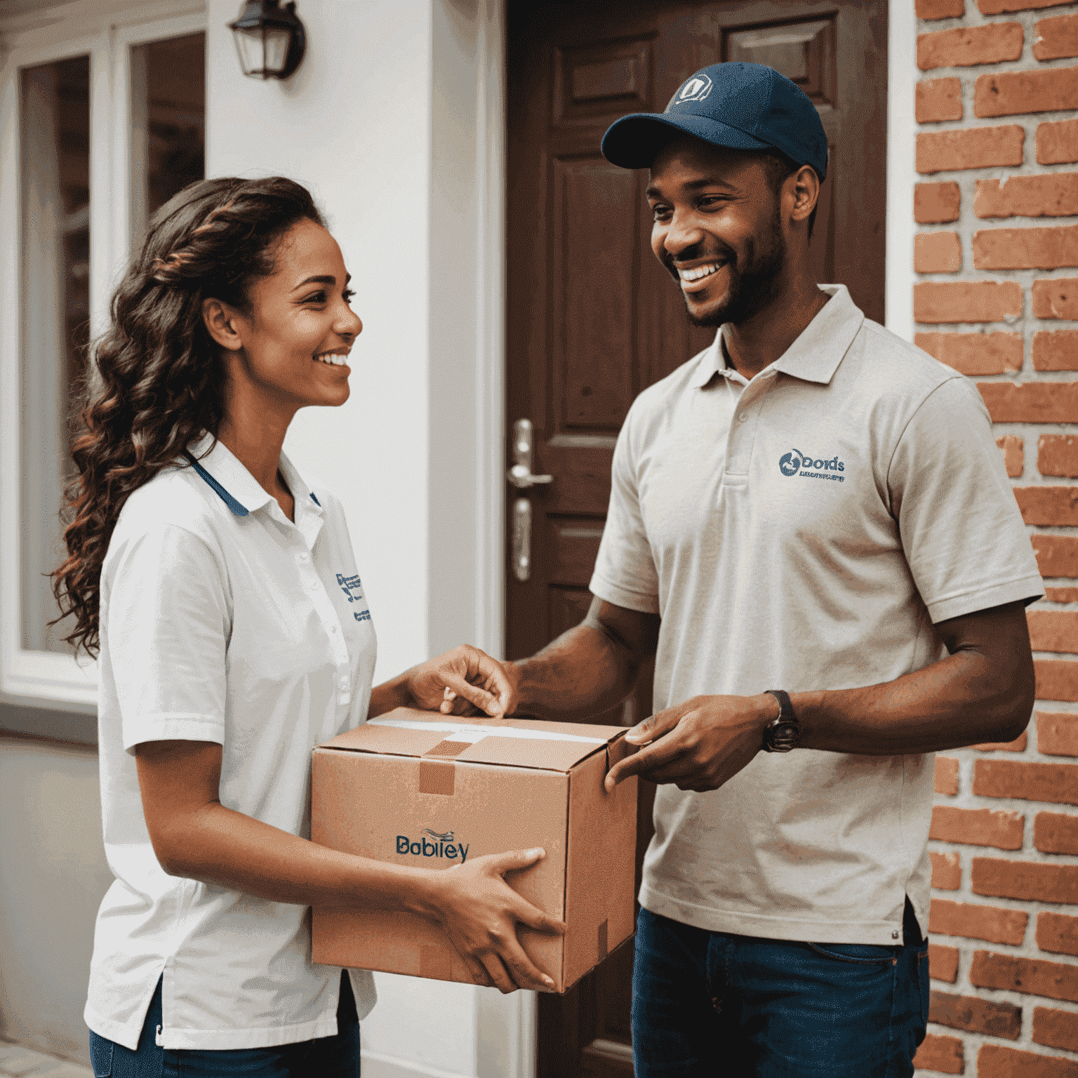 A smiling delivery person handing over a food package to a happy customer at their doorstep. The delivery person is wearing a branded uniform and the food package has a quality seal on it.