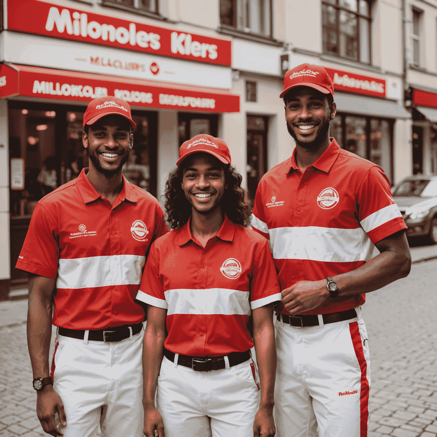 A group of friendly food delivery staff members smiling and ready to serve, wearing red and white uniforms with the Milomekolers logo