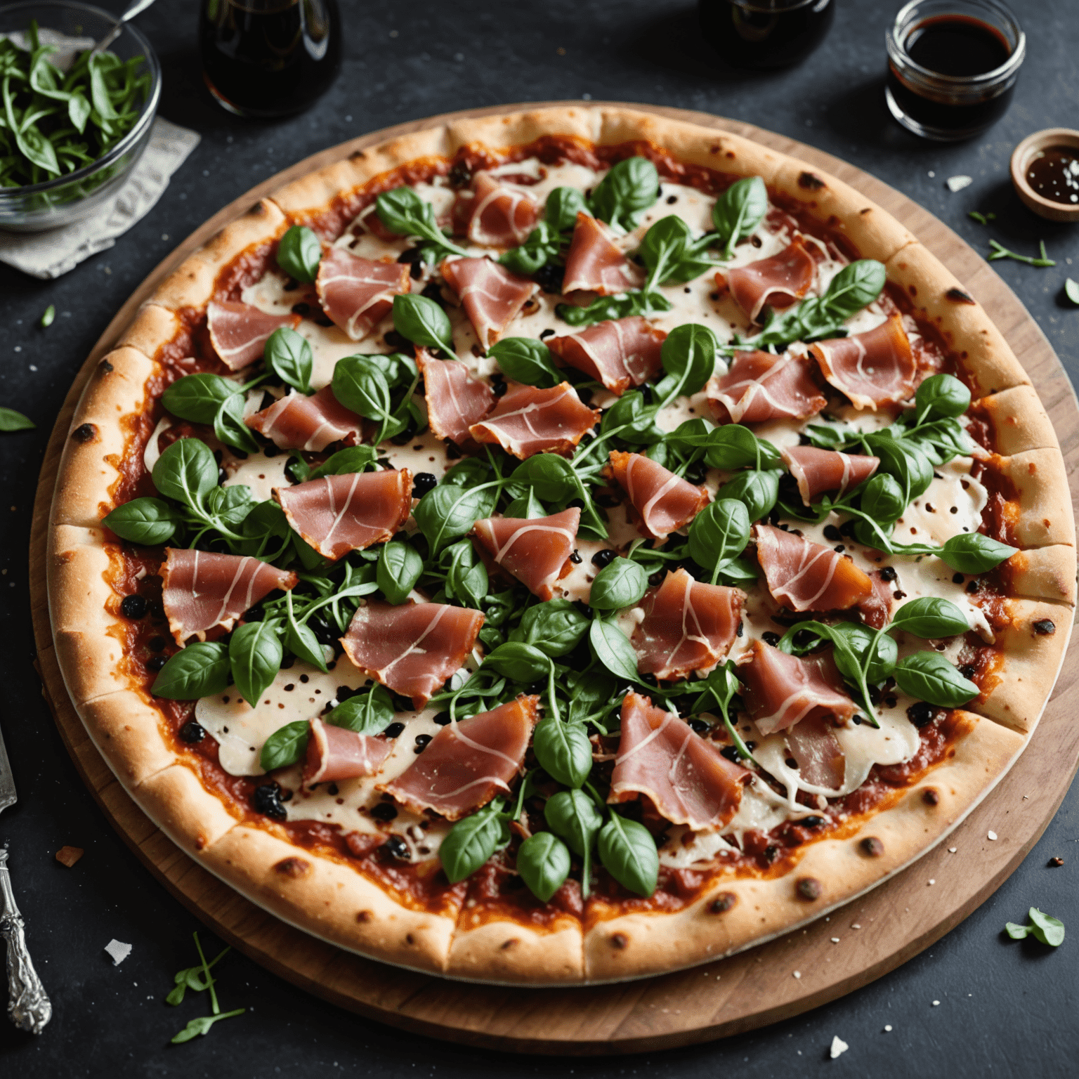A gourmet pizza with a thin crust, topped with prosciutto, arugula, shaved parmesan, and a drizzle of balsamic glaze