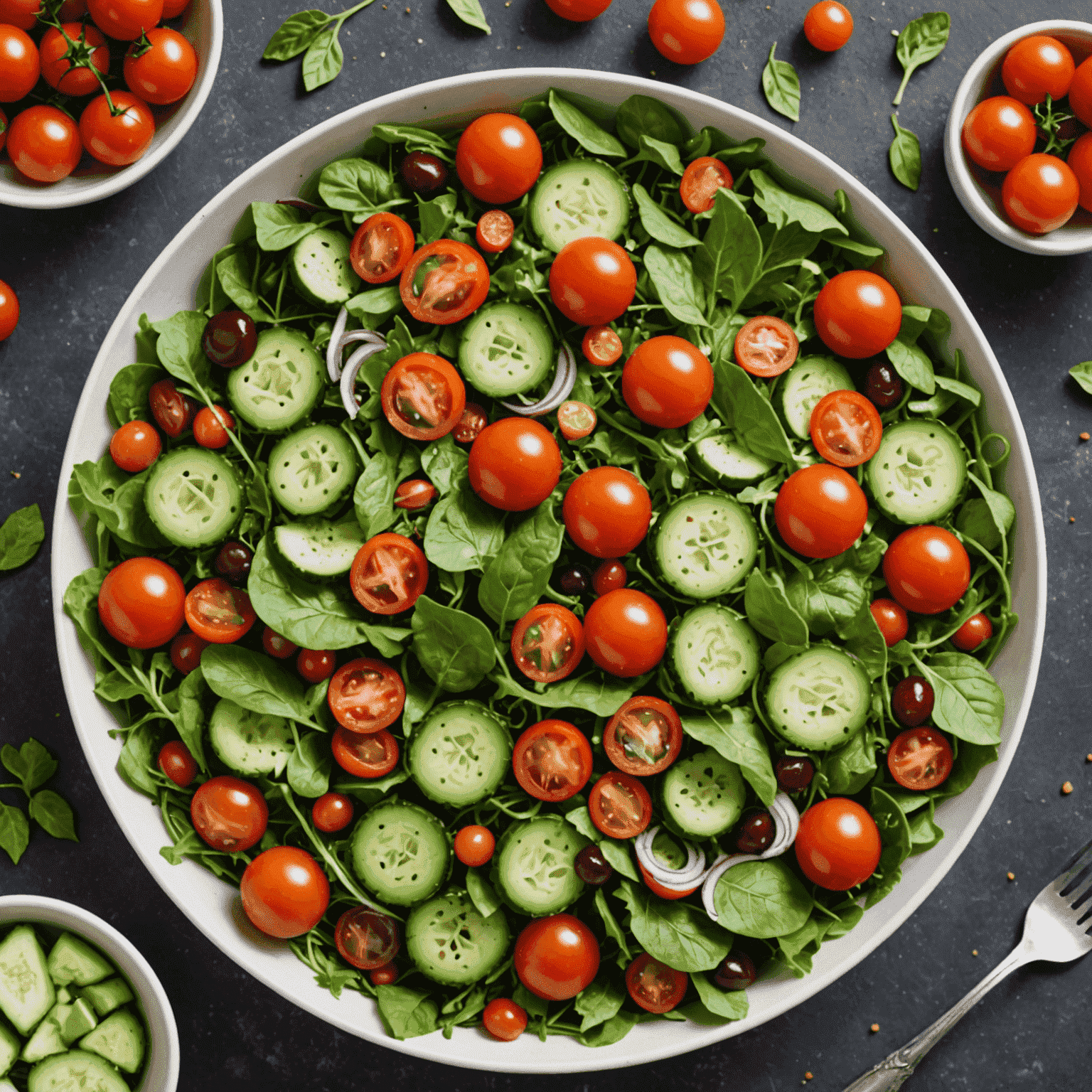 A colorful salad with mixed greens, cherry tomatoes, cucumbers, and croutons