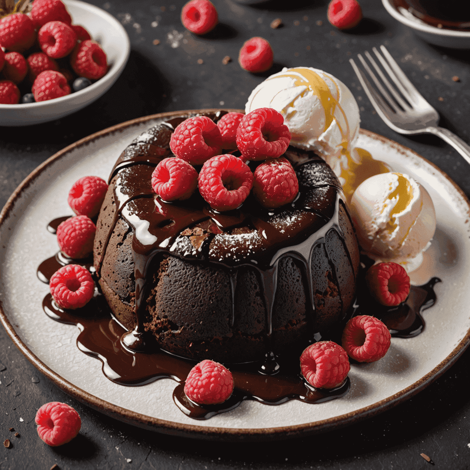 A decadent chocolate lava cake with a molten center, served with a scoop of vanilla ice cream and fresh raspberries