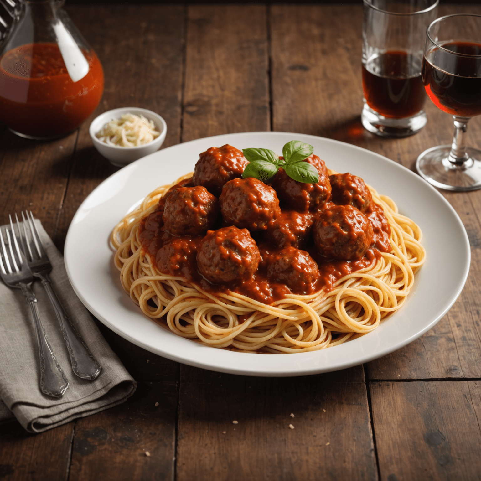 A plate of spaghetti with rich tomato sauce and meatballs
