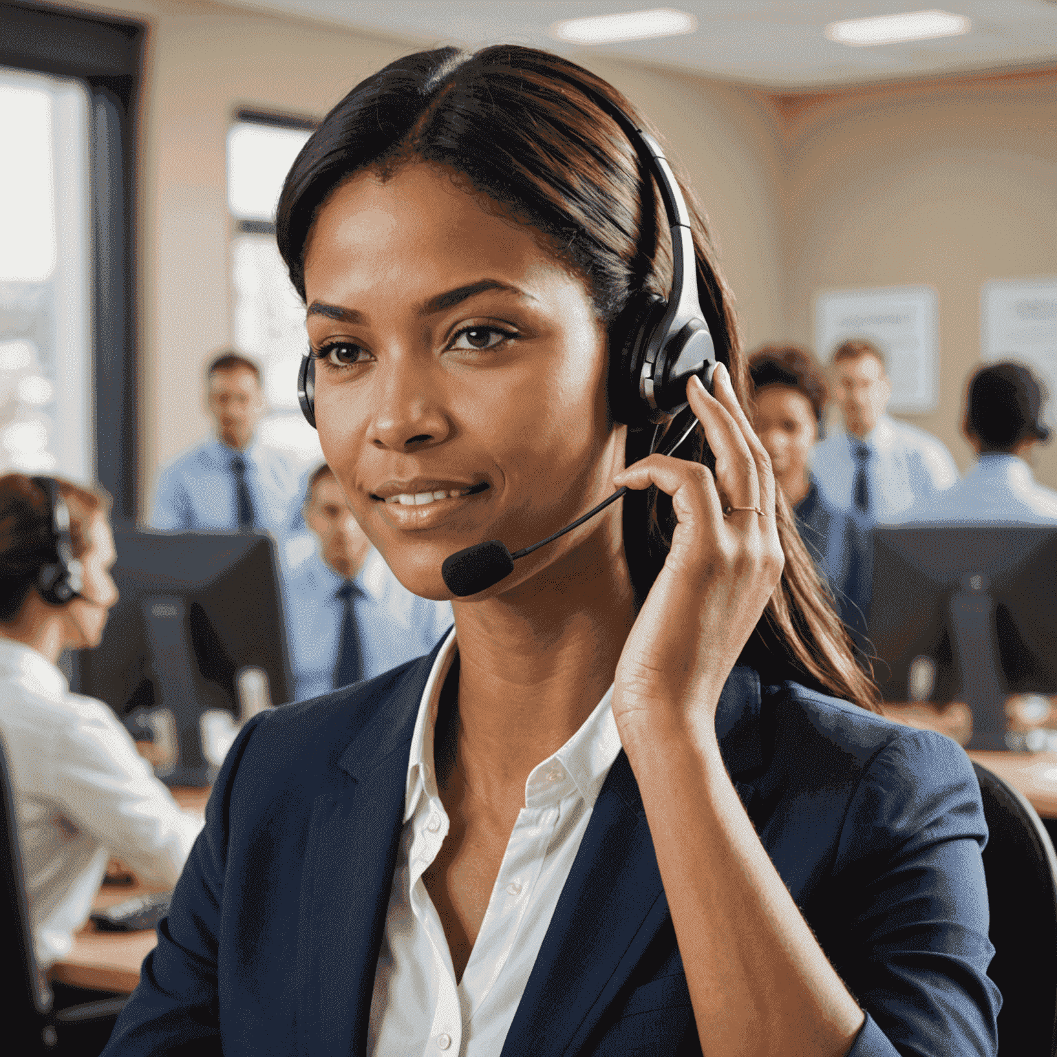 A customer service representative talking on a headset, representing contact and support