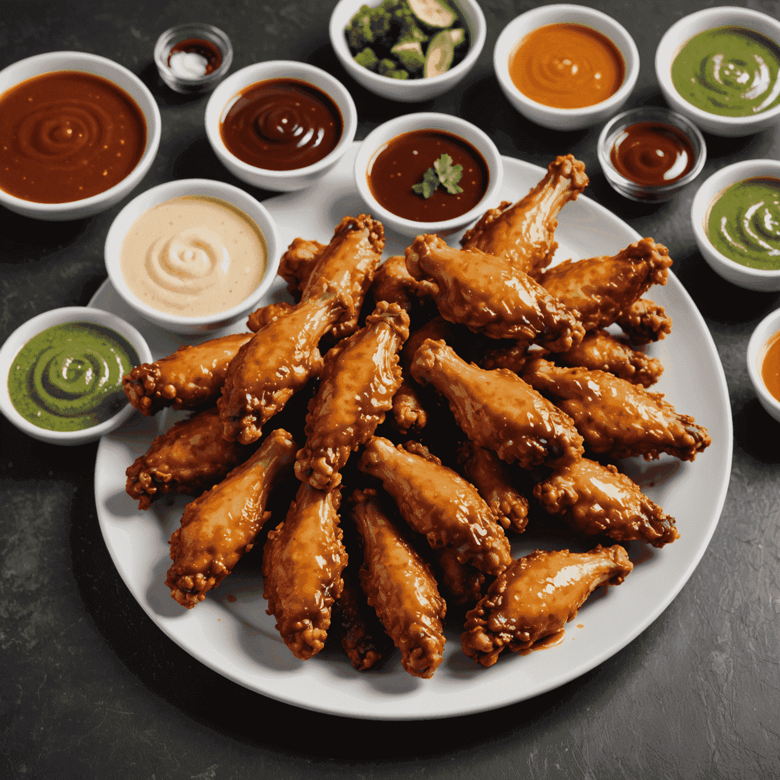 A plate of crispy chicken wings with various dipping sauces