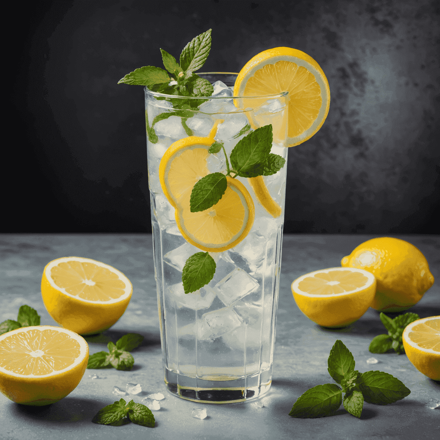 A tall glass of iced lemonade with a lemon slice and mint leaves